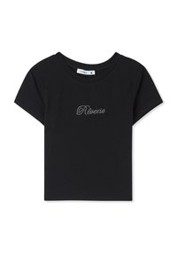 Czarna koszulka z krótkim rękawem wykonana z bawełny, z okrągłym dekoltem i napisem "Rêverie" ozdobionym cekinami.