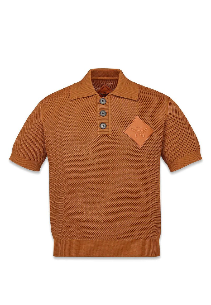Kurzärmeliges Poloshirt aus strukturiertem orangenem Strick, mit Kragen, drei Knöpfen und einem Rauten-Logopatch auf der Brust.