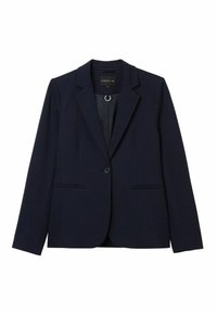 Marinblå kavaj i slät tyg, med slagkrage, enkel knappstängning, två framfickor och minimalistisk design.