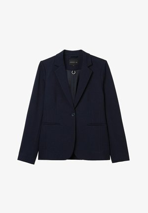 Marinblå kavaj i slät tyg, med slagkrage, enkel knappstängning, två framfickor och minimalistisk design.