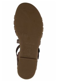 Brown sandal sole with textured rubber material; features logo engraving, size 37, and patterned grooves for traction. Made in Spain.
