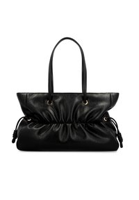 Zwarte leren tas met een zachte, geraffineerde uitstraling. Voorzien van twee lange handvatten en accenten van goudkleurig beslag. Rondlopende onderkant met trekkoordsluiting.