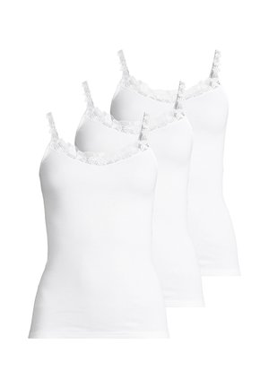 Weißes Camisolen-Set aus drei Teilen mit einer zarten Spitzenborte am Ausschnitt und verstellbaren Spaghettiträgern, aus weichem Baumwollstoff gefertigt.