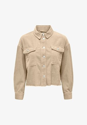 Bēšas krāsas korduroja nokarenais žakete ar garām piedurknēm, pogām aiztaisāmas priekšpusē, divām krūšu kabatām ar atloku un smailu apkakli.