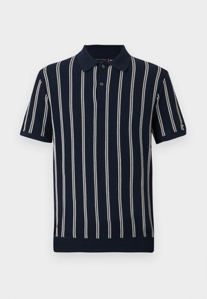 Polo majica mornarsko plave boje sa trakama, izrađena od rebraste tkanine, sa vertikalnim belim trakama, kragnom, dva dugmeta i kratkim rukavima.