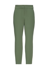 Groene, aansluitende, stretch stofbroek met een soepele textuur, voorzien van een tailleband en steekzakken aan de voorkant, met een tapered leg ontwerp.
