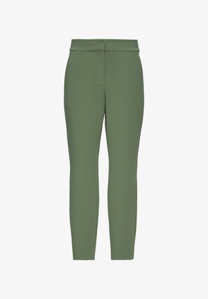 Zielone, dopasowane spodnie z elastycznego materiału o gładkiej fakturze, z pasem w talii i przednimi kieszeniami, zwężającym się krojem nogawek.