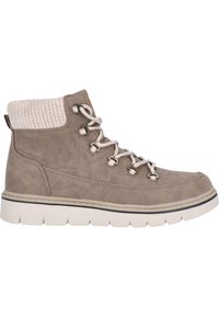 Botte chelsea marron à lacets avec un col en tricot beige texturé, semelle en caoutchouc, et œillets en métal pour les lacets, présentant une finition en daim lisse.