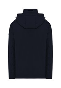 Marinejakke med hætte, der har en glat tekstur, lige snit og minimal detaljer. Bagvisning viser ingen synlige logoer eller hardware.