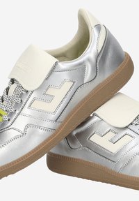 Baskets argentées avec une finition métallique lisse, accents blancs contrastants, semelles en caoutchouc texturé et lacets plats. Présente une languette rabattable.