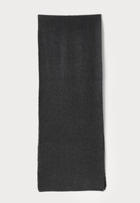 Knit black scarf with a ribbed texture, rectangular shape, and neatly finished edges. Fabric appears soft and flexible.
