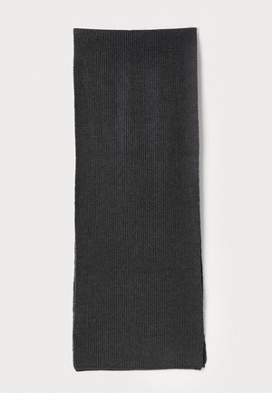 Knit black scarf with a ribbed texture, rectangular shape, and neatly finished edges. Fabric appears soft and flexible.
