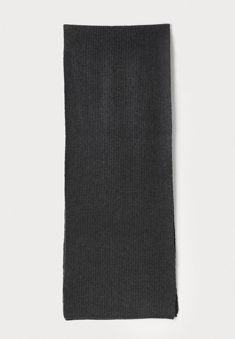 Knit black scarf with a ribbed texture, rectangular shape, and neatly finished edges. Fabric appears soft and flexible.
