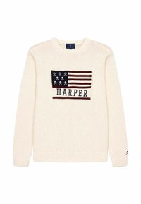 Suéter de punto crema con un diseño tejido de la bandera estadounidense y el texto "HARPER" en color azul marino. Puños y dobladillo acanalados, tela texturizada.