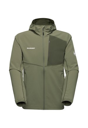 Olive green Mammut jacket with a zip front, textured fabric, fitted design, a chest pocket, and elastic cuffs for a snug fit.