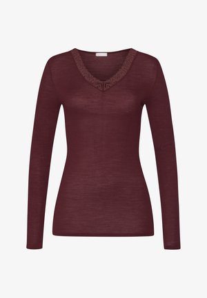 Burgundowa bluzka z długim rękawem, z dekoltem w kształcie litery V i koronkowymi wykończeniami wzdłuż dekoltu. Wykonana z lekkiego, prążkowanego materiału.