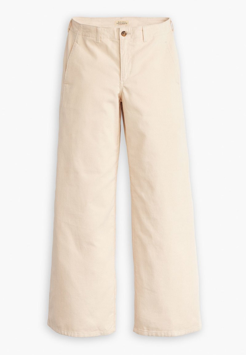 Beige wijde broek van katoen, voorzien van een sluiting met een knoop aan de voorkant, twee zijzakken en een gestructureerde stof.