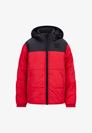 Red and black insulated jacket with a hood, featuring a zip front, elastic cuffs, and a quilted design. Notable logo patch on the chest.