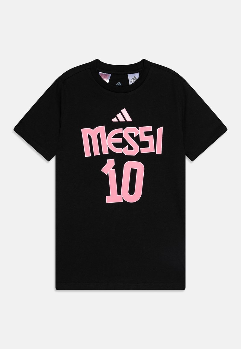 Svart bomull t-skjorte med korte ermer, med fet rosa tekst "MESSI 10" på forsiden og Adidas-logoen på øvre rygg.