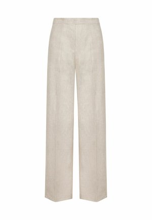 Pantalon large en lin beige avec plis à l’avant et taille plate, conçu pour une coupe ajustée mais décontractée.