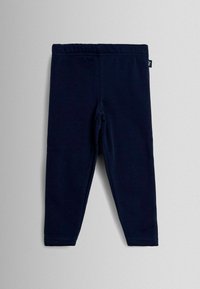 Sötétkék leggings, puha és rugalmas anyagból készült. Rugalmas derékpánttal rendelkezik, és illeszkedő szabású, látható minták vagy kiegészítők nélkül.