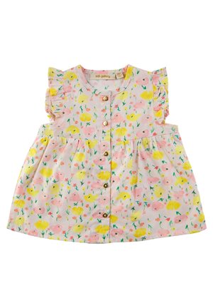 Robe fleurie avec motifs roses, jaunes et verts, manches courtes à volants, boutonnage sur le devant et jupe froncée en tissu léger.