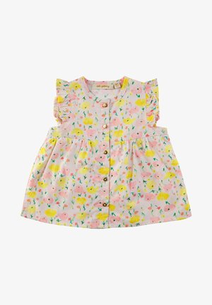 Robe fleurie avec motifs roses, jaunes et verts, manches courtes à volants, boutonnage sur le devant et jupe froncée en tissu léger.