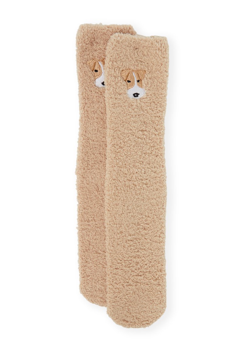 Scaldamuscoli beige pelosi con ricamo a forma di faccia di cane, texture morbida e design lungo e aderente adatto per comfort e calore.