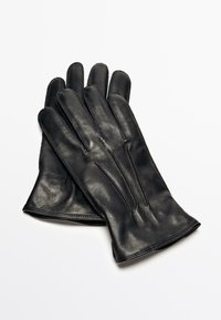 Guanti in pelle nera con una texture liscia, design a cinque dita e cuciture decorative lungo le cuciture, dotati di un polsino di lunghezza media.