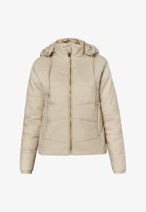 Beige polsterdatud jakk kapuutsiga, ees lukuga, reguleeritavad nöörid ja elastsed mansetid. Omab diagonaalset õmblust ja küljetaskuid.