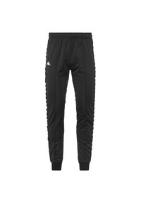 Pantaloni sportivi neri realizzati in tessuto liscio, con un design slim, vita elastica e dettagli in bianco lungo i lati.