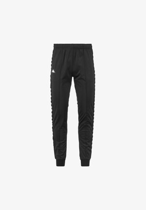 Pantaloni sportivi neri realizzati in tessuto liscio, con un design slim, vita elastica e dettagli in bianco lungo i lati.