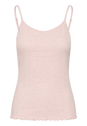 Top a canotta in maglia rosa chiaro senza maniche, con spalline sottili regolabili e orlo smerlato.