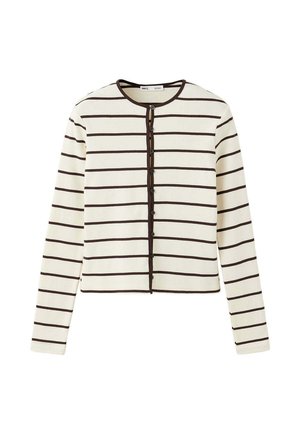 Cardigan blanc à manches longues avec rayures noires horizontales et devant boutonné, présenté à plat sans distractions en arrière-plan.