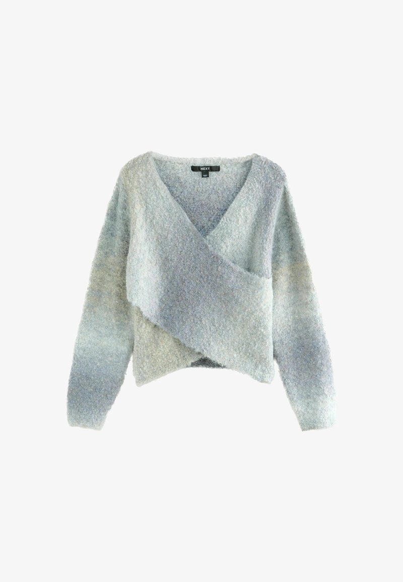 Hellblaue Strickjacke mit Wickeldesign, V-Ausschnitt und langen Ärmeln. Die weiche Struktur und das Farbverlaufs-Muster steigern die visuelle Anziehung.