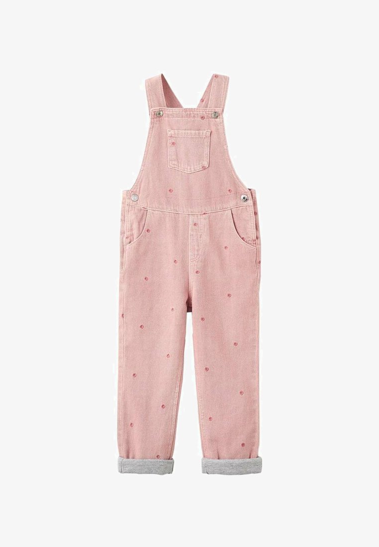 Salopete din bumbac roz cu bretele ajustabile, buzunar frontal, buzunare laterale și un model delicat cu buline. Pantalonii au tivuri mansete dintr-un material gri contrastant.