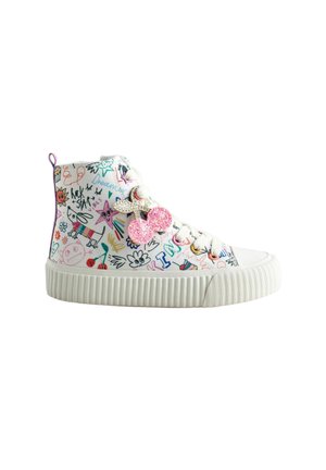 Hoge sneaker van wit canvas met kleurrijke krabbelprints. Geaccentueerd met roze glitterbedels en een geribbelde rubberen zool.