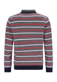 Graues Langarm-Poloshirt mit horizontalen Streifen in Rot und Weiß, mit einem marineblauen Kragen und Bündchen, gefertigt aus weichem Stoff.