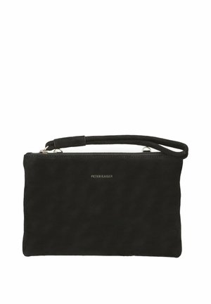 Sort suede clutch taske med lynlås, med et kort håndtag og et minimalistisk design. Brandlogo prægede på forsiden.