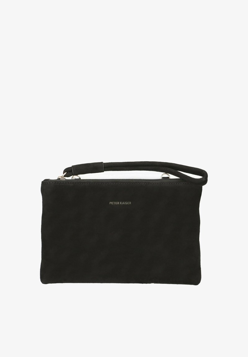 Černá semišová kabelka na zip se dvěma krátkými uchy a minimalistickým designem. Na přední straně je vyražené logo značky.