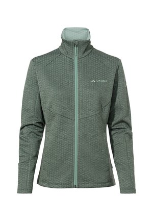 Diepgroene zip-up jas met een textuurpatroon, hoge kraag en lichtgroene rits. Voorzien van zijzakken en een subtiele logo op de borst.