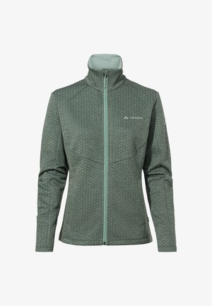 Diepgroene zip-up jas met een textuurpatroon, hoge kraag en lichtgroene rits. Voorzien van zijzakken en een subtiele logo op de borst.
