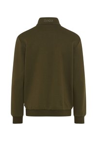 Sweatshirt verde oliva con colletto alto, polsini e orlo a coste. Presenta un logo discreto sul colletto. Tessuto morbido, design casual.