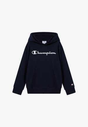 Marineblauwe capuchontrui van een katoenmix, met een voorvak en een groot wit "Champion"-logo op de borst. Geribbelde manchetten en zoom.