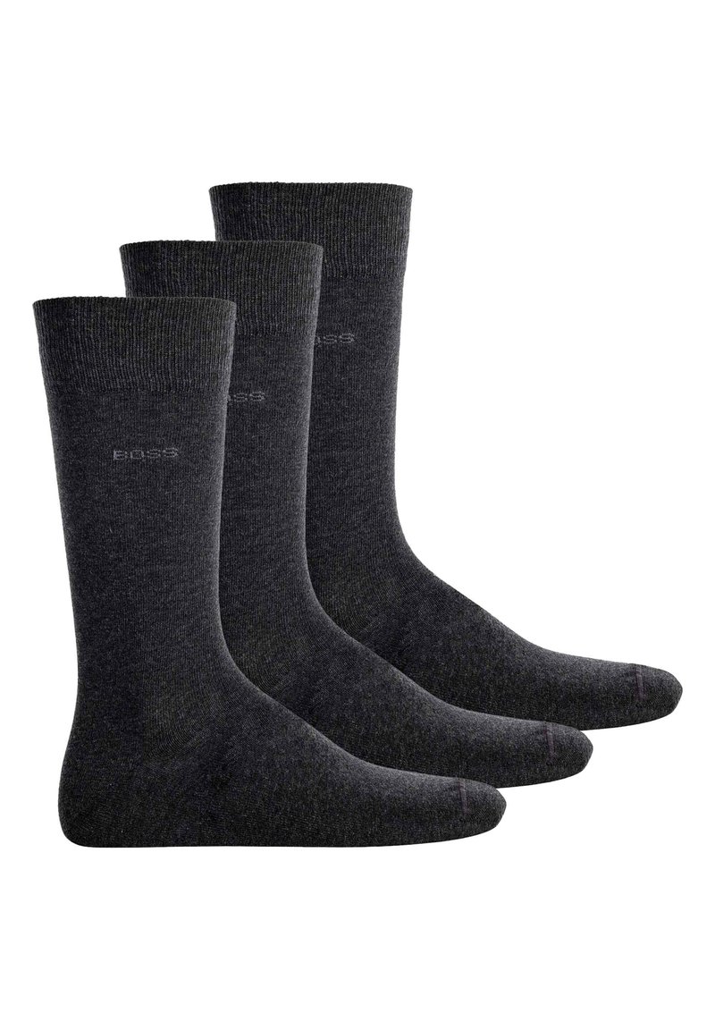 Drei Paar dunkelgraue Crew-Socken aus einem strukturierten Stoff, mit einem dezenten Logo nahe der Oberseite und einem verstärkten Zehenbereich.