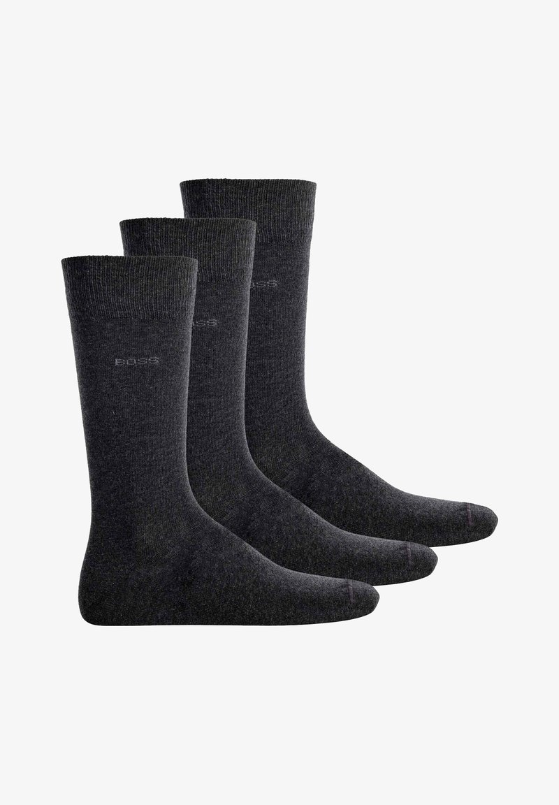 Three pairs of dark gray crew socks made from a textured fabric, featuring a subtle logo near the top and a reinforced toe design.