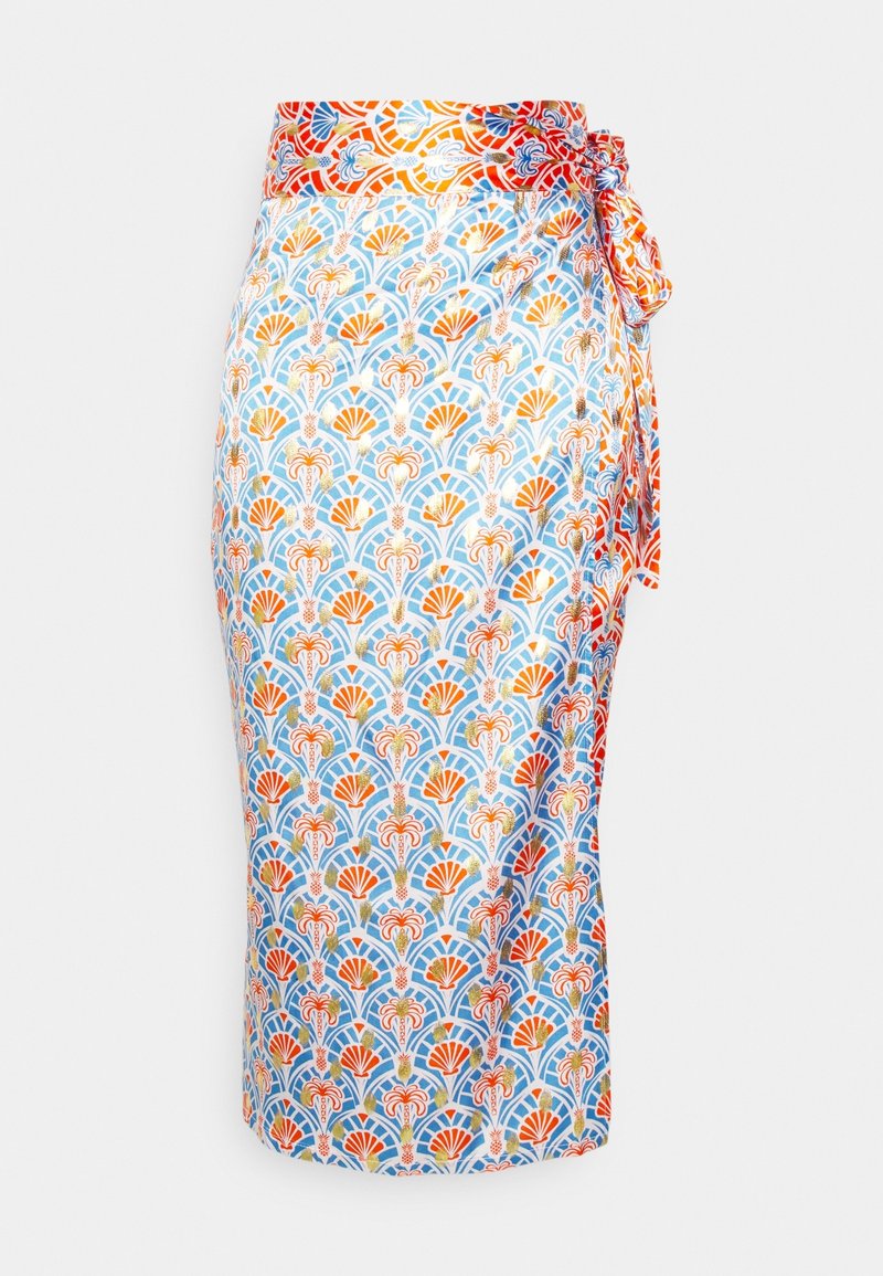 Jupe mi-longue avec un motif en éventail coloré bleu, orange et rouge. Confectionnée dans un tissu lisse avec un détail noué sur le côté.