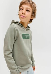 Šviesiai žalia pūkuota džemperis su baltu ir tamsiai žaliu logotipu priekyje. Dizainas apima kengūros tipo kišenę ir suveržiamą kapučiną.