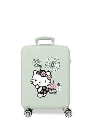 Pequeña maleta verde menta con Hello Kitty usando un lazo, una noria y un diseño de carrusel en la parte frontal.