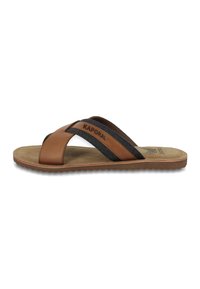 Sandales en cuir marron avec des sangles en textile noir, semelle plate et semelle texturée. Présente le logo Kaporal sur la sangle supérieure.